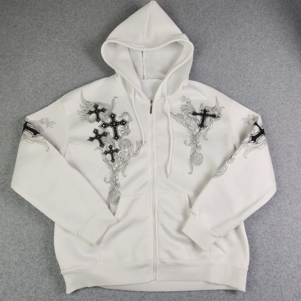 Romwe Hoodie Womens Medium White Cross Graphic Gothic Zip Up‎ Fleece Streetwear